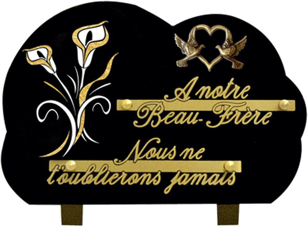 plaque funéraire feuille d'or coeur et colombe