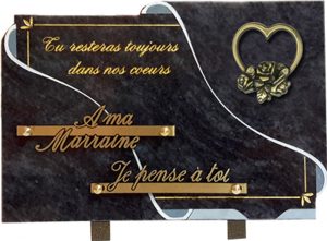 plaque funéraire blanc et feuille d'or coeur fleur